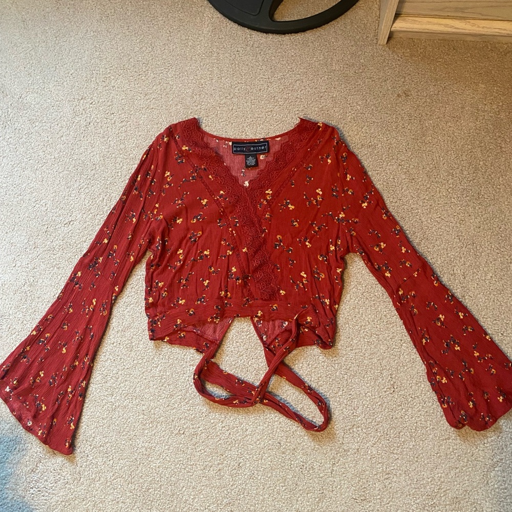 Polly & Esther Womens Red Floral Shirt-size L